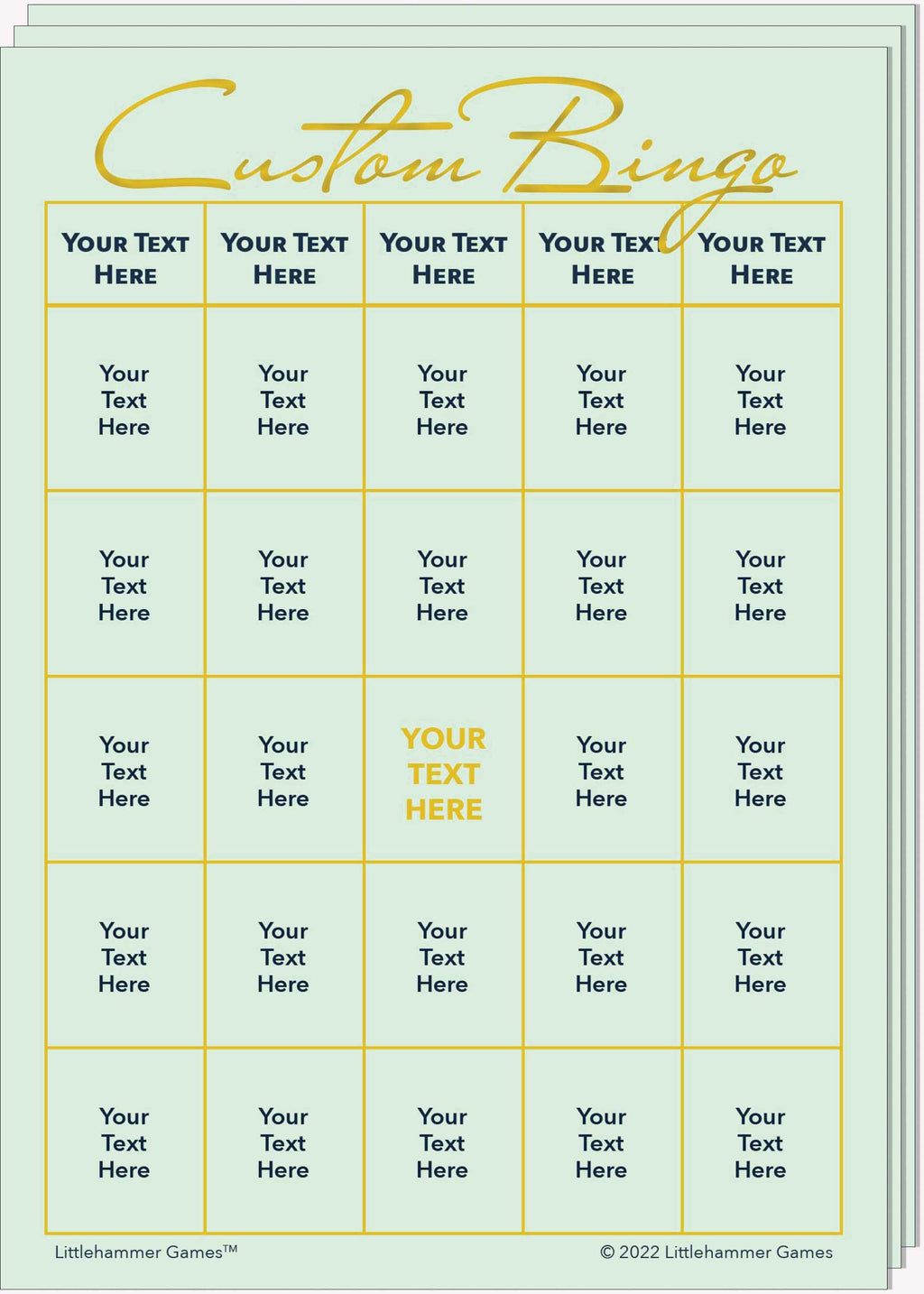 Stack of Custom Bingo game cards with gold text on a mint background
