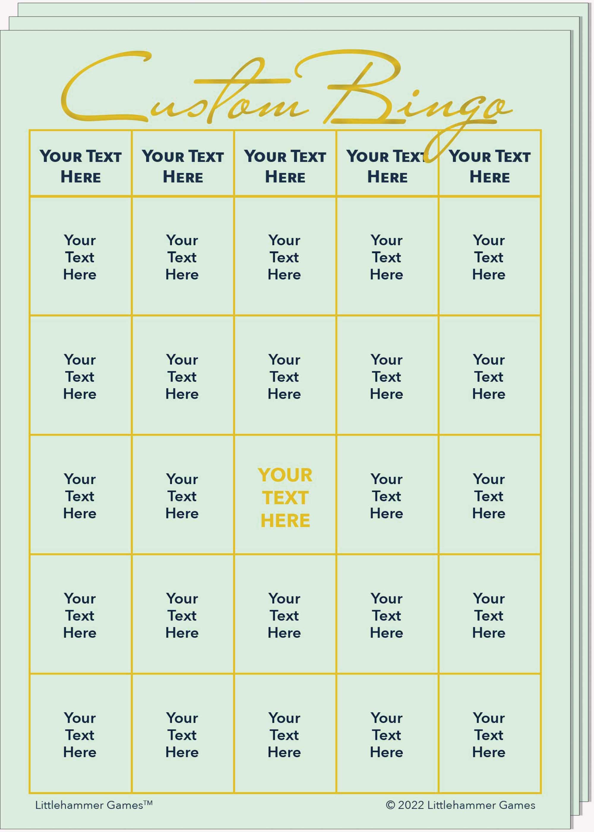 Stack of Custom Bingo game cards with gold text on a mint background