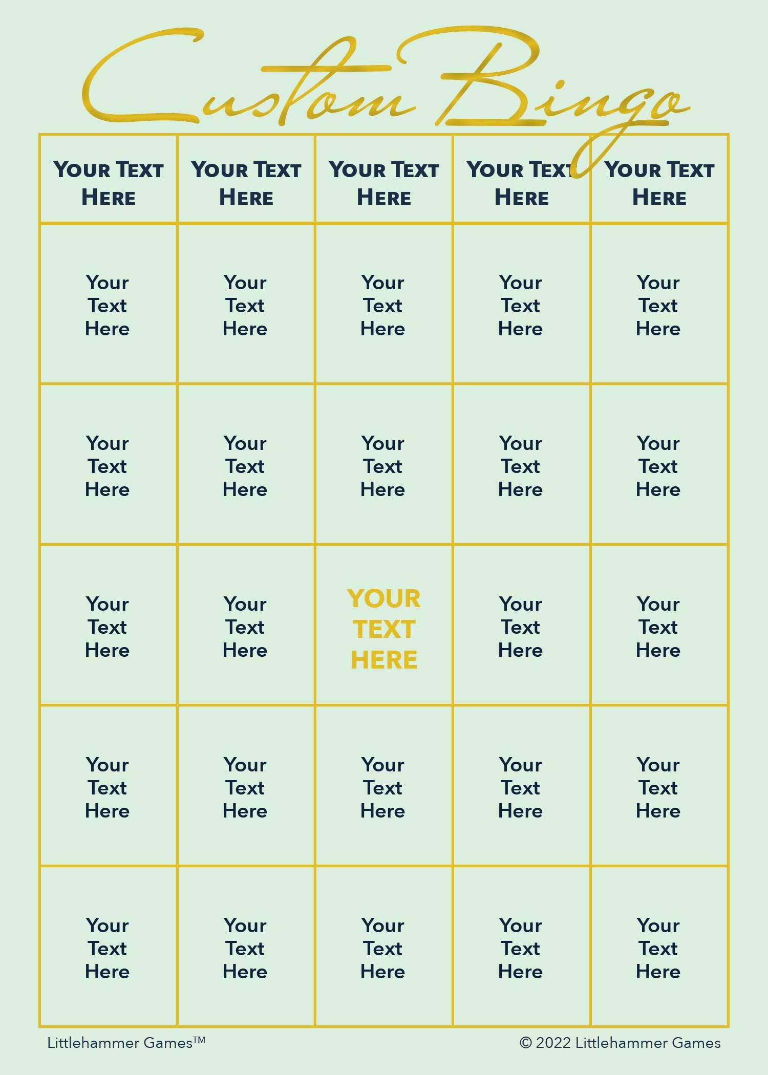 Custom Bingo game card with gold text on a mint background