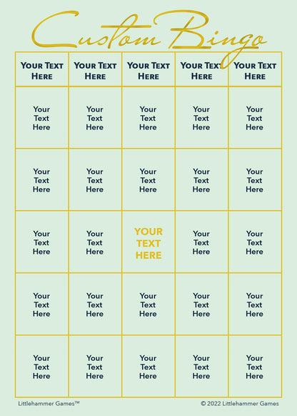 Custom Bingo game card with gold text on a mint background