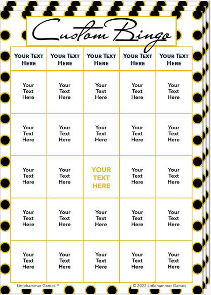 Stack of Custom Bingo game cards on a black and gold polka dot background