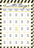 Stack of Custom Bingo game cards on a black and gold polka dot background