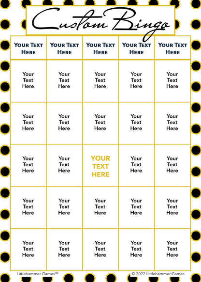 Custom Bingo game card on a black and gold polka dot background