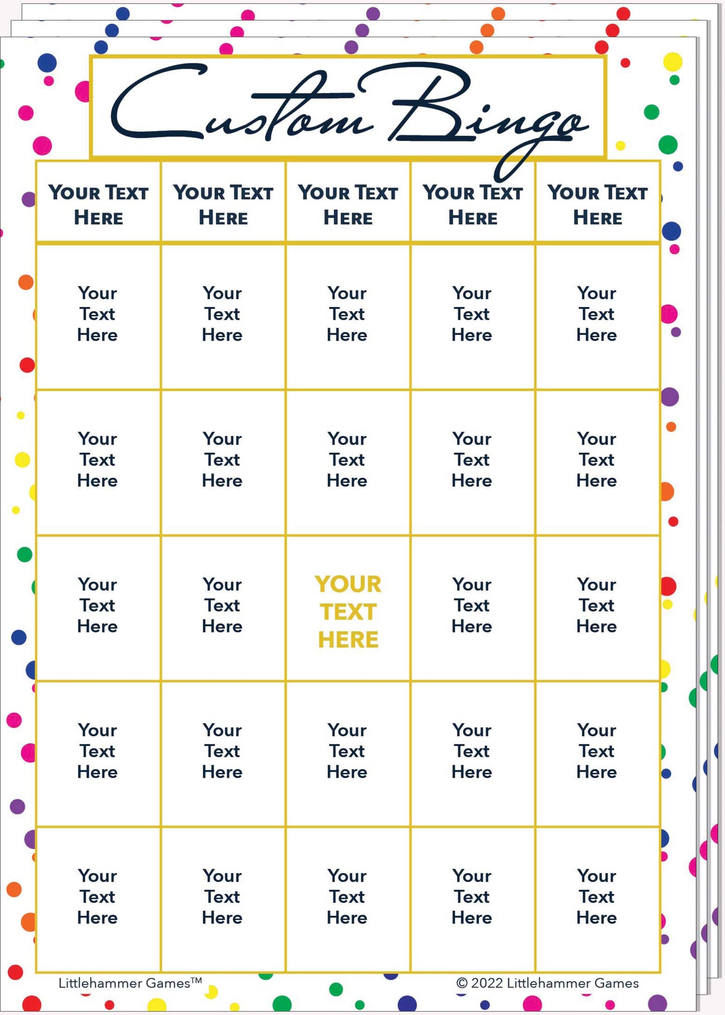 Stack of Custom Bingo game cards on a rainbow polka dot background