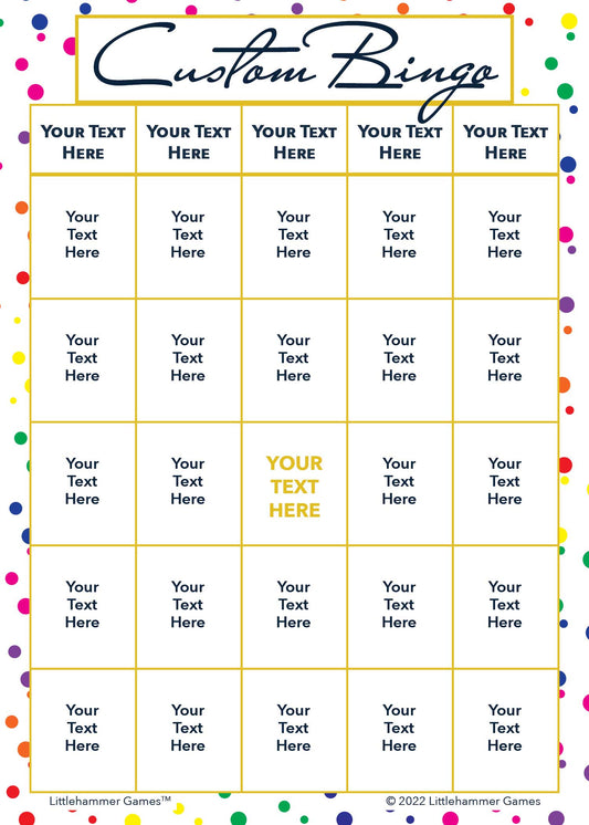 Custom Bingo game card on a rainbow polka dot background