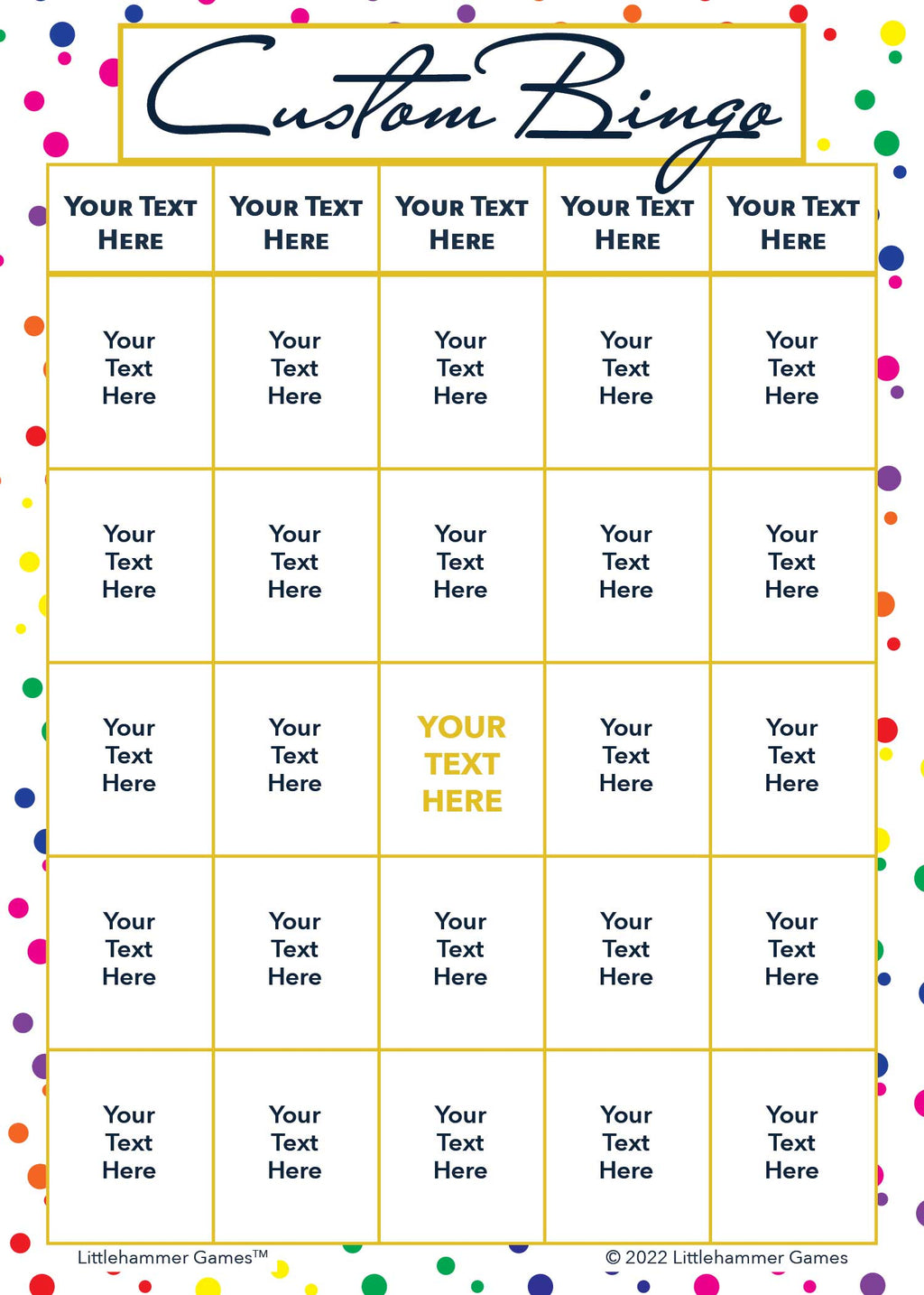 Custom Bingo game card on a rainbow polka dot background