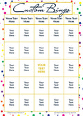 Custom Bingo game card on a rainbow polka dot background