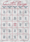 Custom Bingo game card with rose gold text on a marble background
