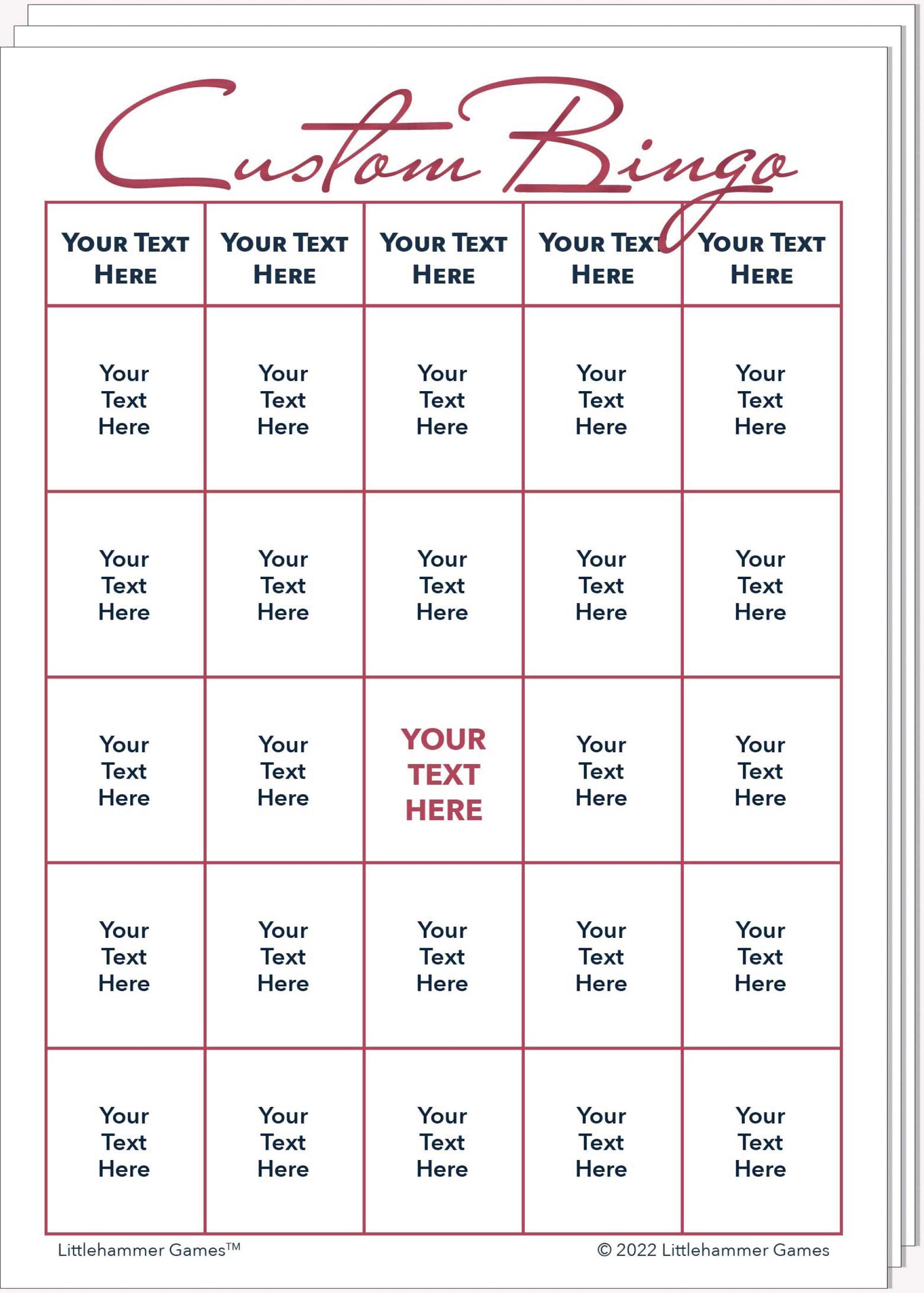 Stack of Custom Bingo game cards with rose gold text on a white background