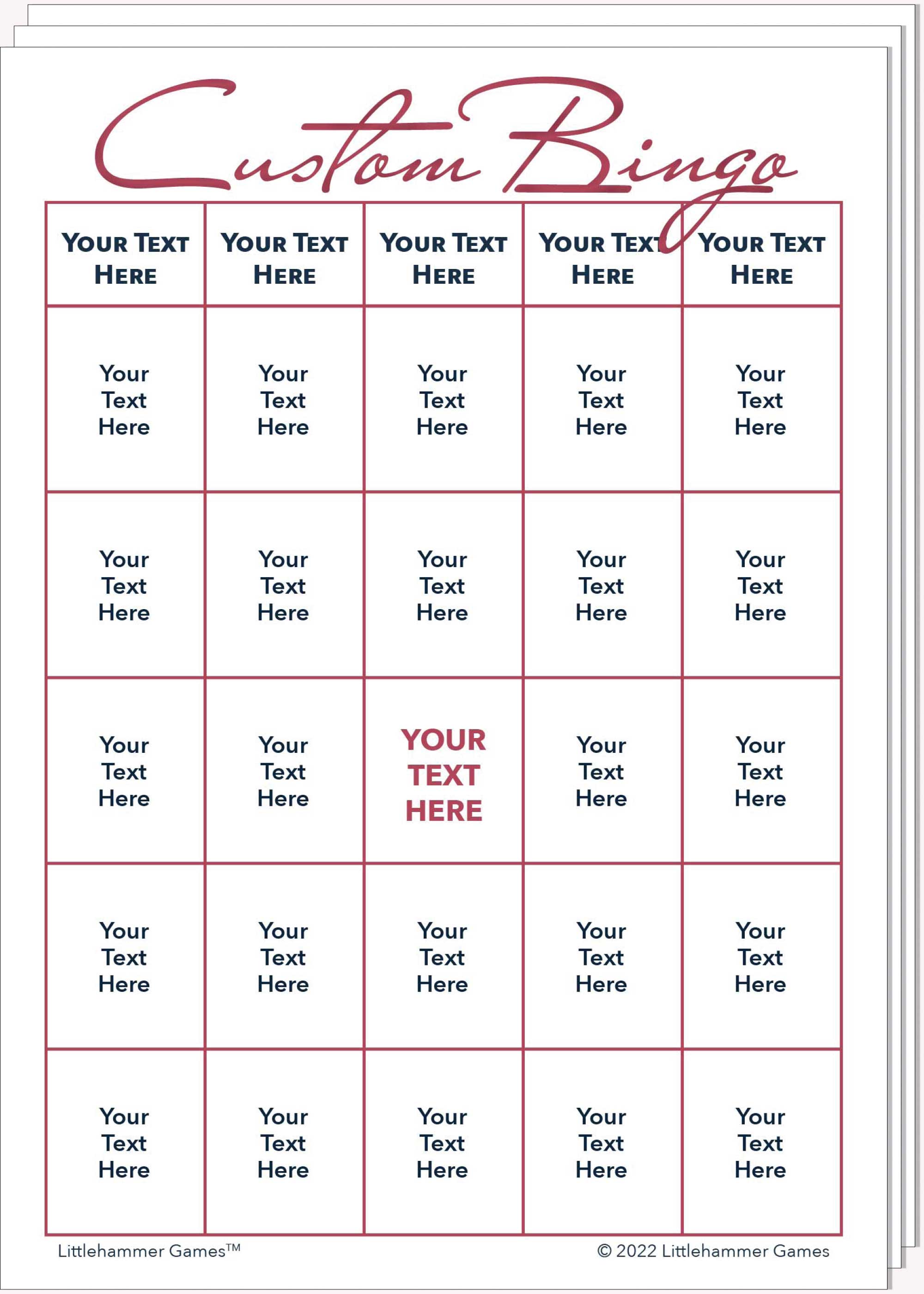 Stack of Custom Bingo game cards with rose gold text on a white background