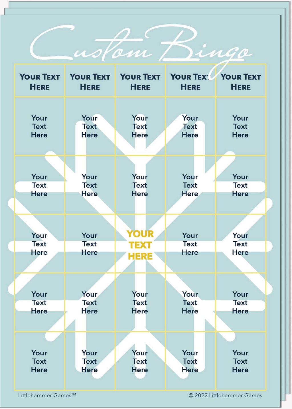 Stack of Custom Bingo game cards with a big snowflake on a light blue background