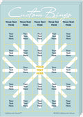 Stack of Custom Bingo game cards with a big snowflake on a light blue background