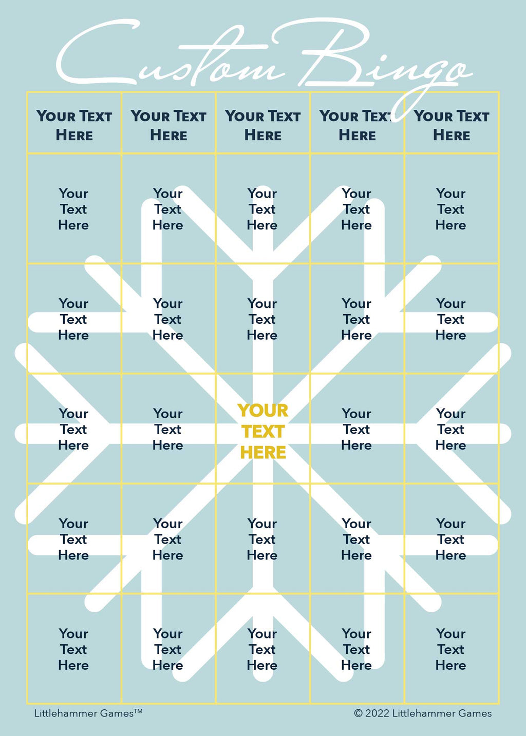 Custom Bingo game card with a big snowflake on a light blue background