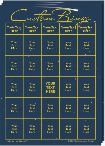 Stack of Custom Bingo game cards with gold text on a celestial background