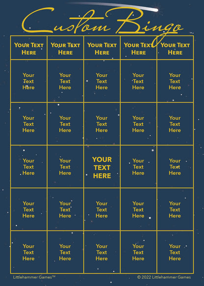 Custom Bingo game card with gold text on a celestial background