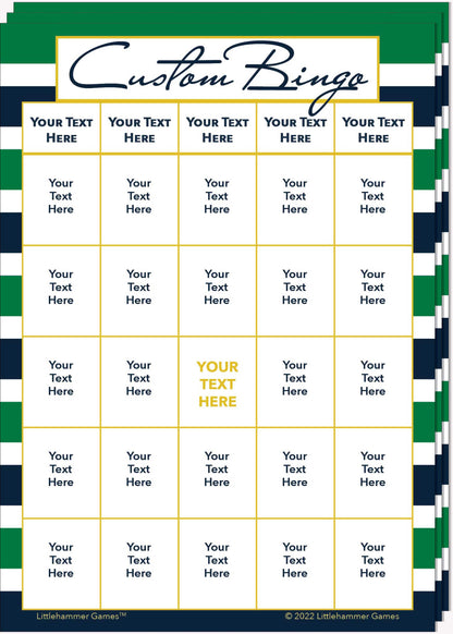 Stack of Custom Bingo game cards on a green and navy-striped background