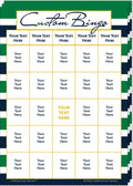 Stack of Custom Bingo game cards on a green and navy-striped background