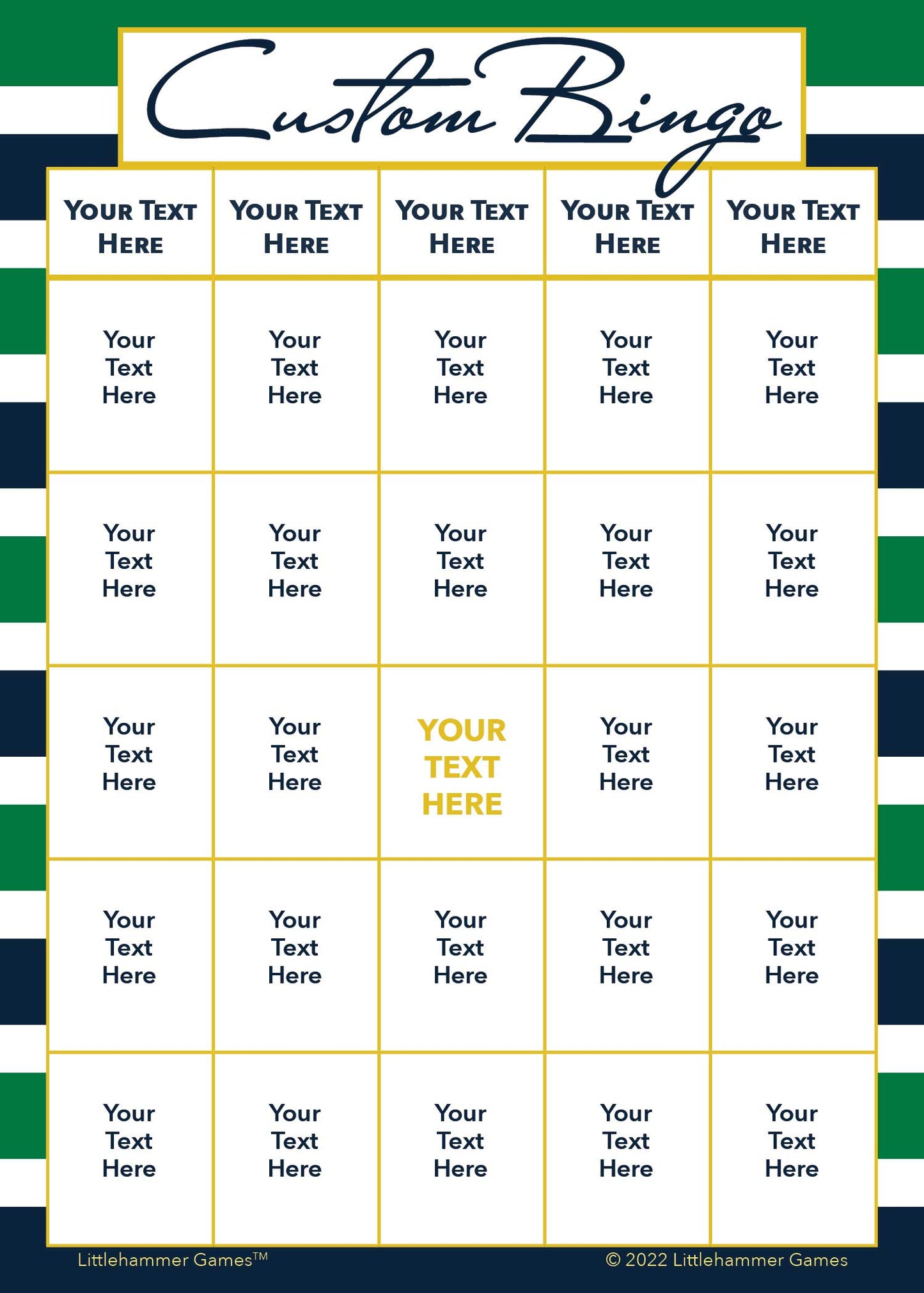 Custom Bingo game card on a green and navy-striped background