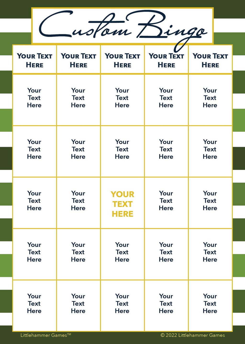 Custom Bingo game card on a green-striped background