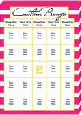 Stack of Custom Bingo game cards on a pink-striped background