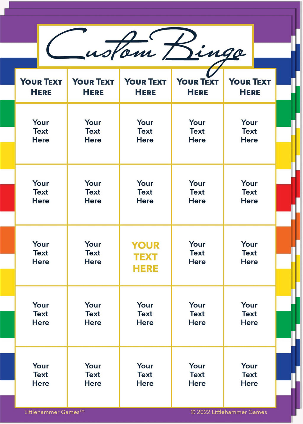 Stack of Custom Bingo game cards on a rainbow-striped background