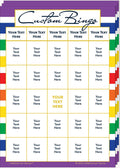 Stack of Custom Bingo game cards on a rainbow-striped background