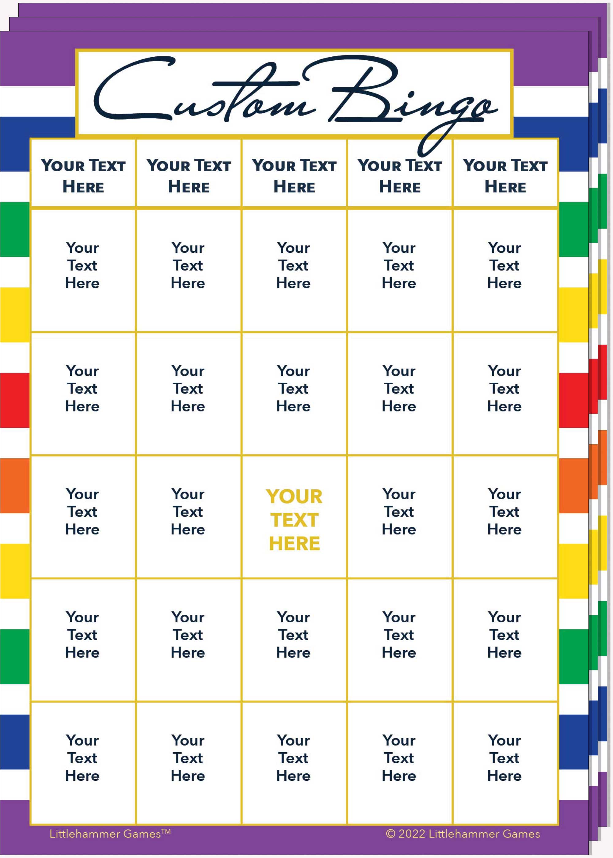Stack of Custom Bingo game cards on a rainbow-striped background