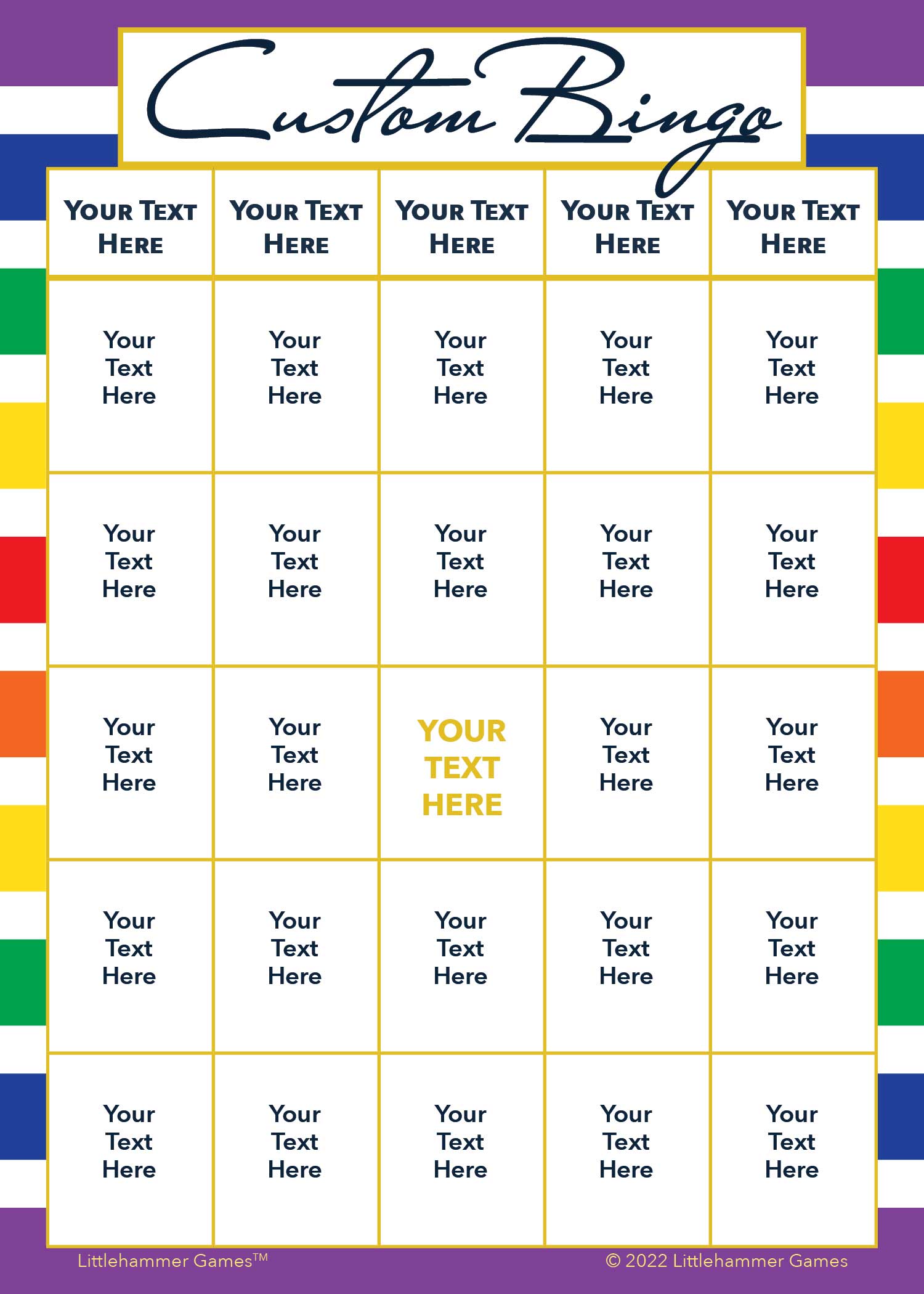 Custom Bingo game card on a rainbow-striped background