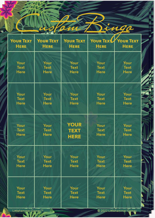 Stack of Custom Bingo game cards with gold text on a tropical leaves background