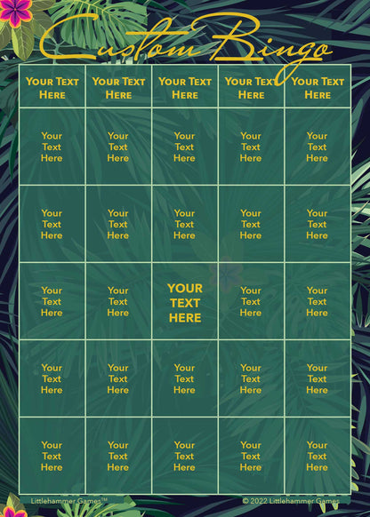 Custom Bingo game card with gold text on a tropical leaves background