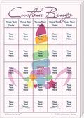 Stack of Custom Bingo game cards on a unicorn background