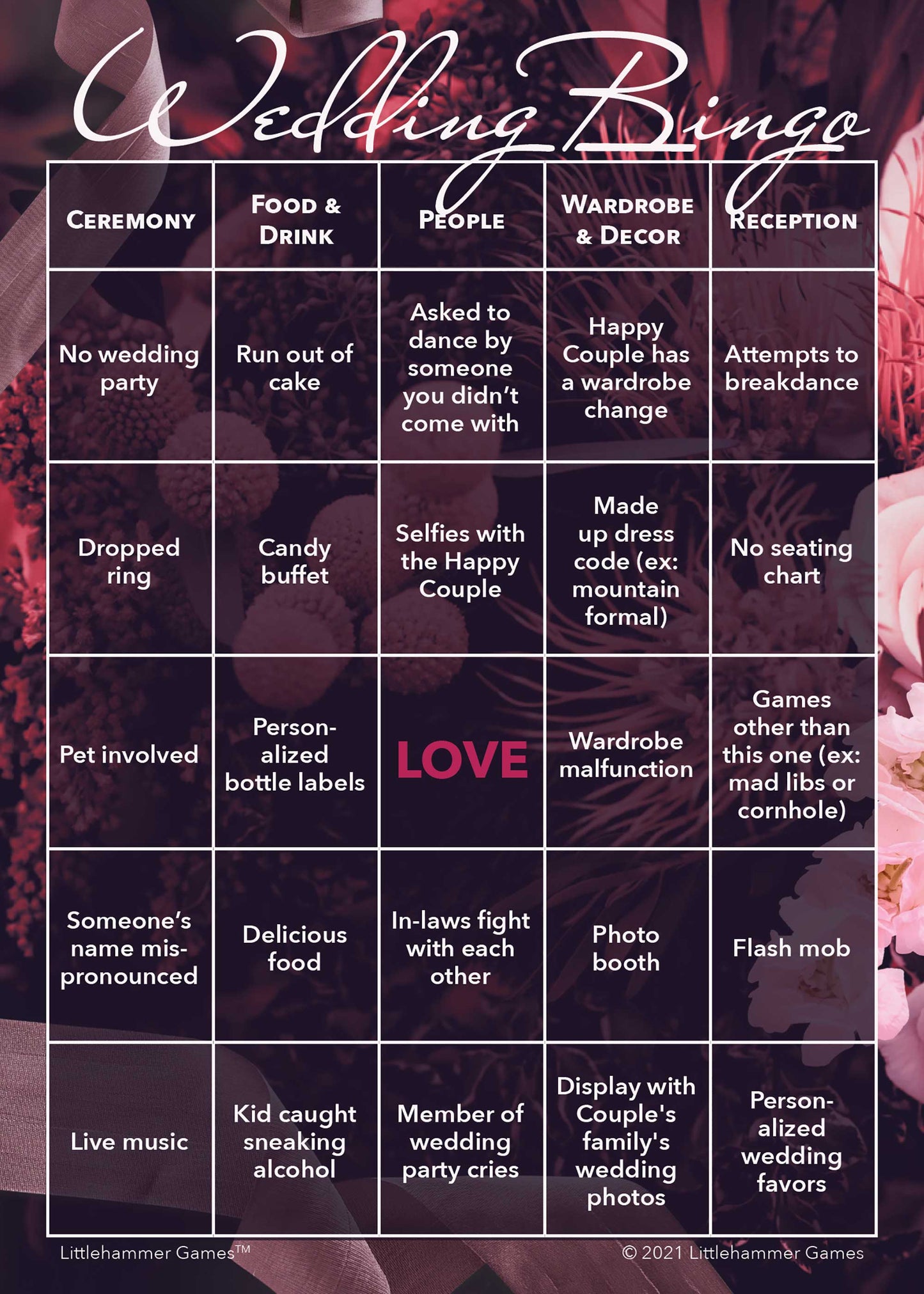 Wedding Bingo game card with a dark floral background