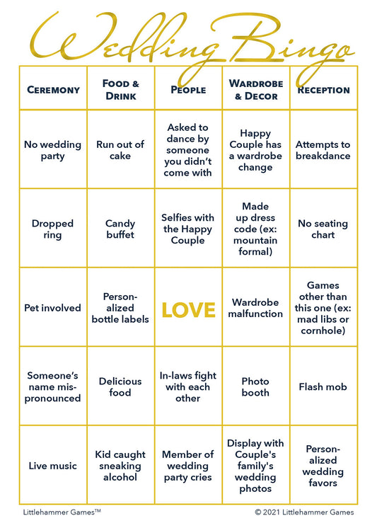Wedding Bingo game card with a gold and white background