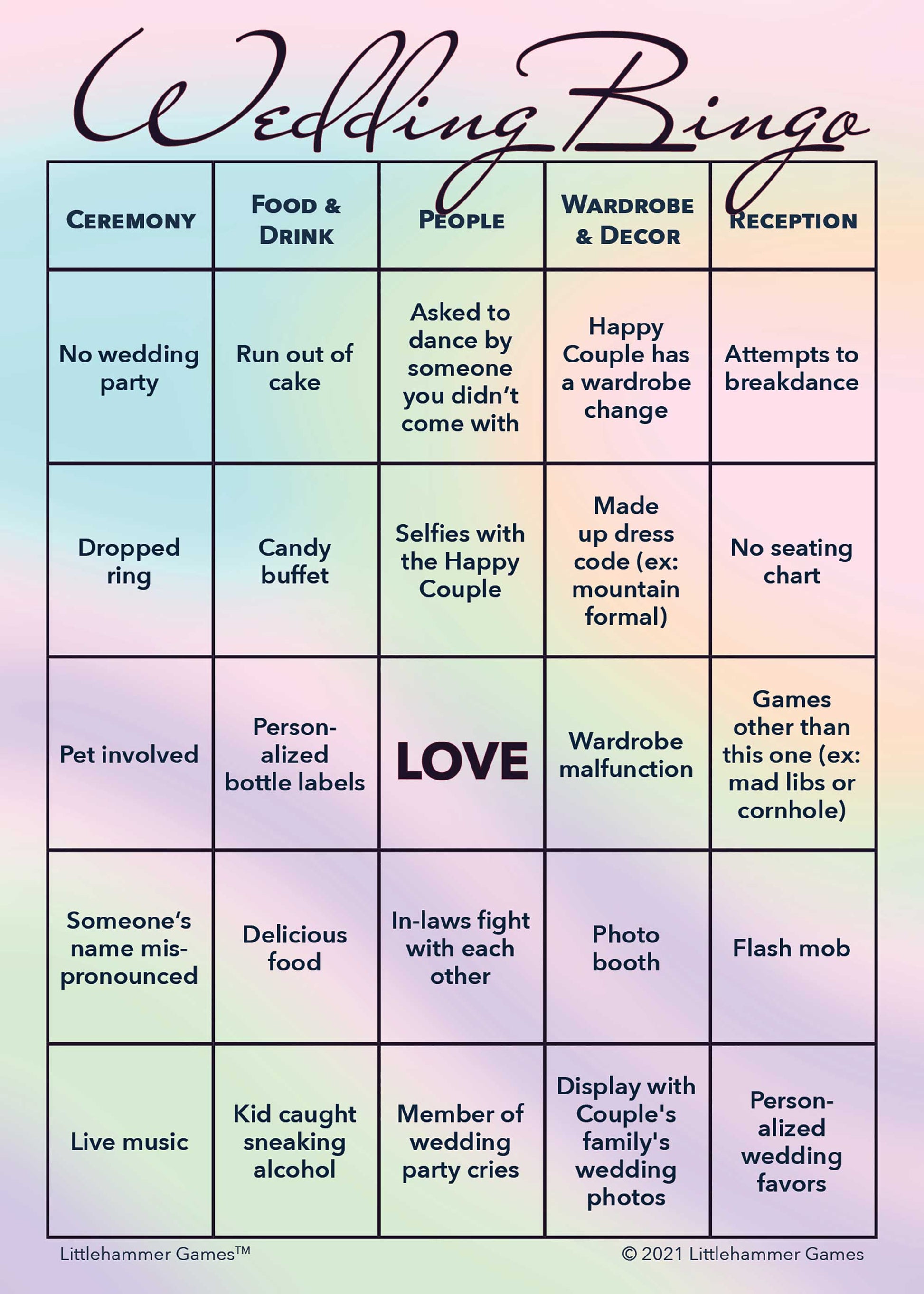 Wedding Bingo game card with a holographic background