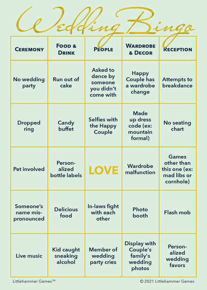Wedding Bingo game card with a mint and gold background