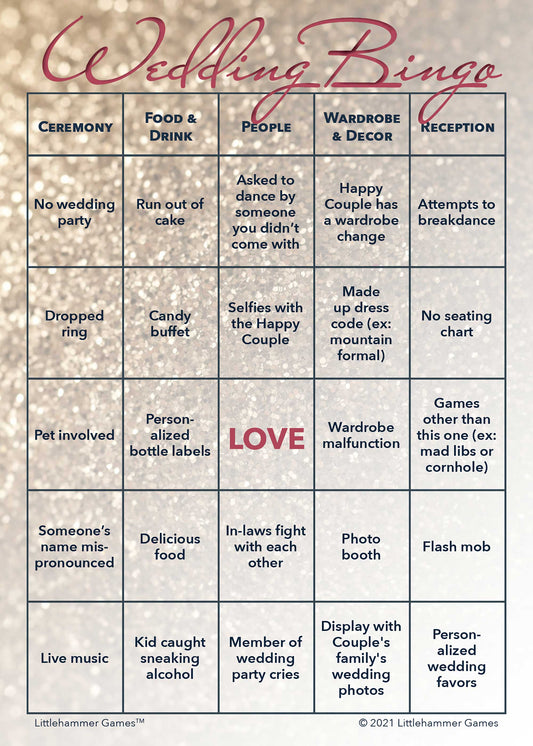 Wedding Bingo game card with a glittery rose gold background