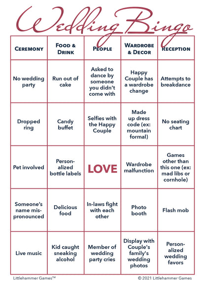 Wedding Bingo game card with a rose gold and white background