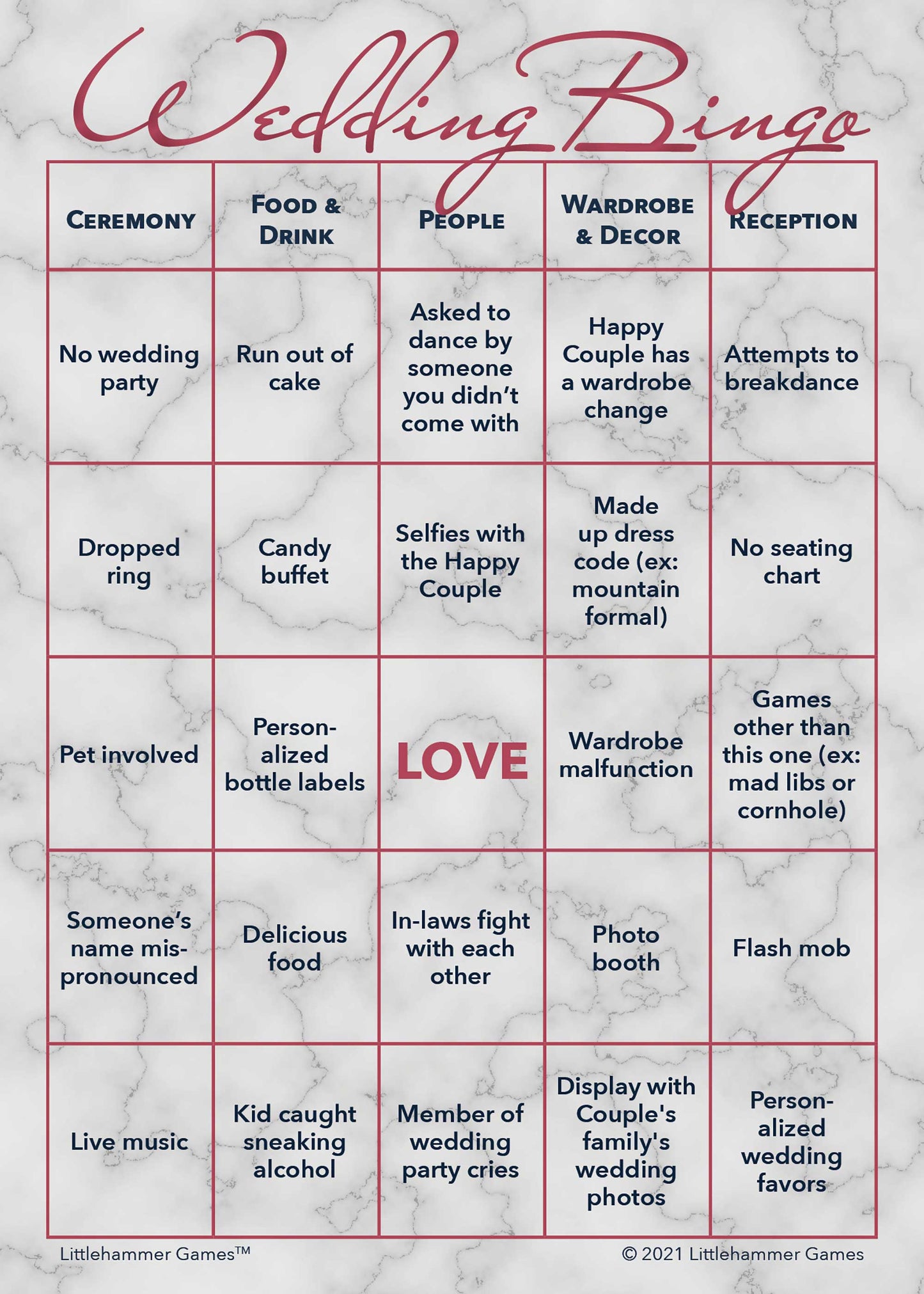 Wedding Bingo game card with a rose gold and marble background