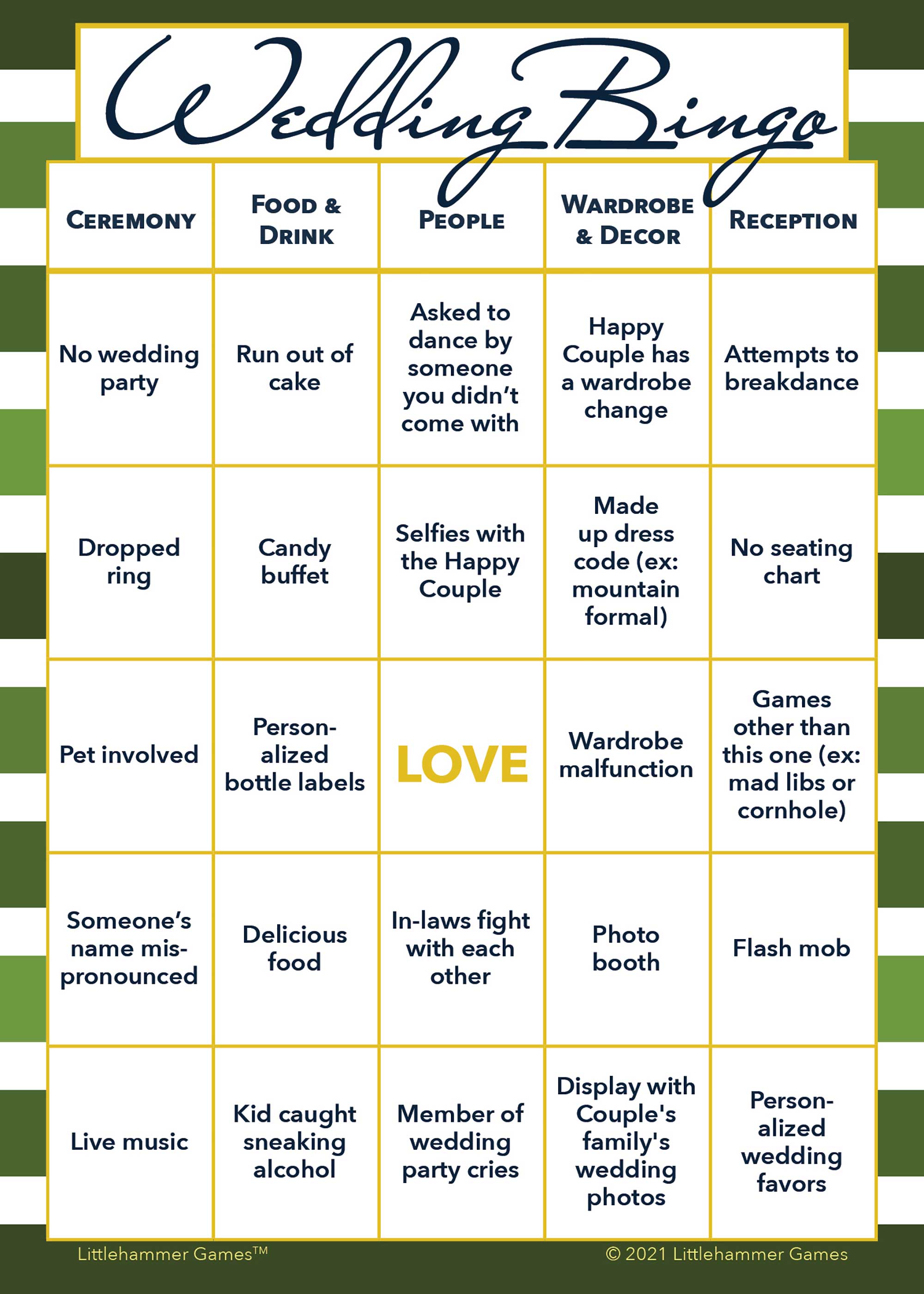 Wedding Bingo game card with a green-striped background