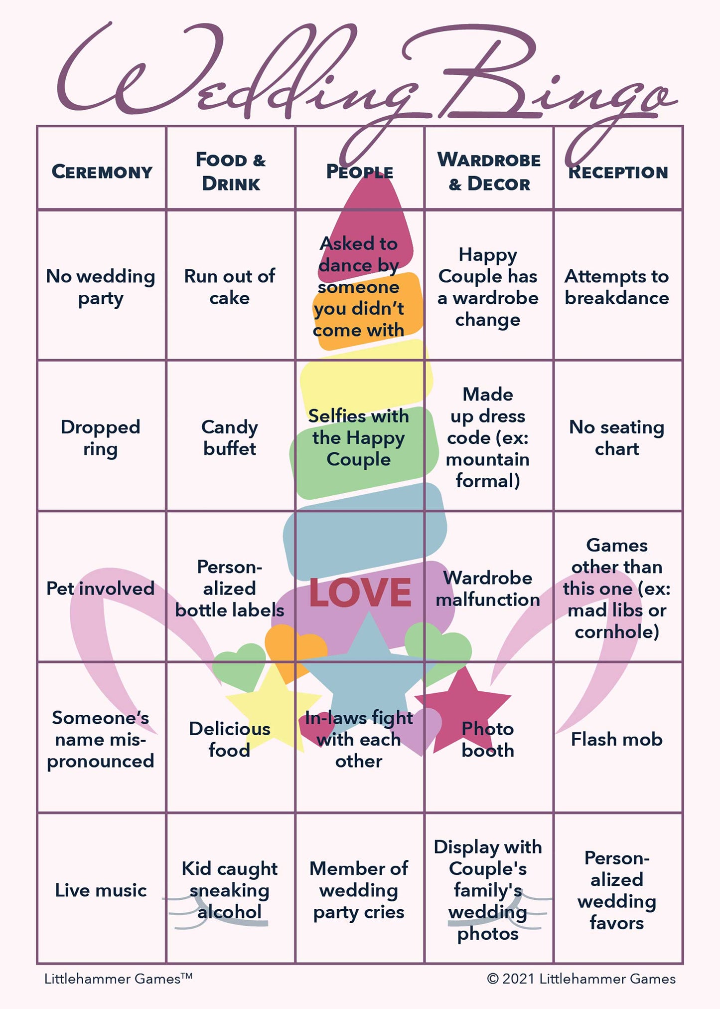 Wedding Bingo game card with a unicorn background