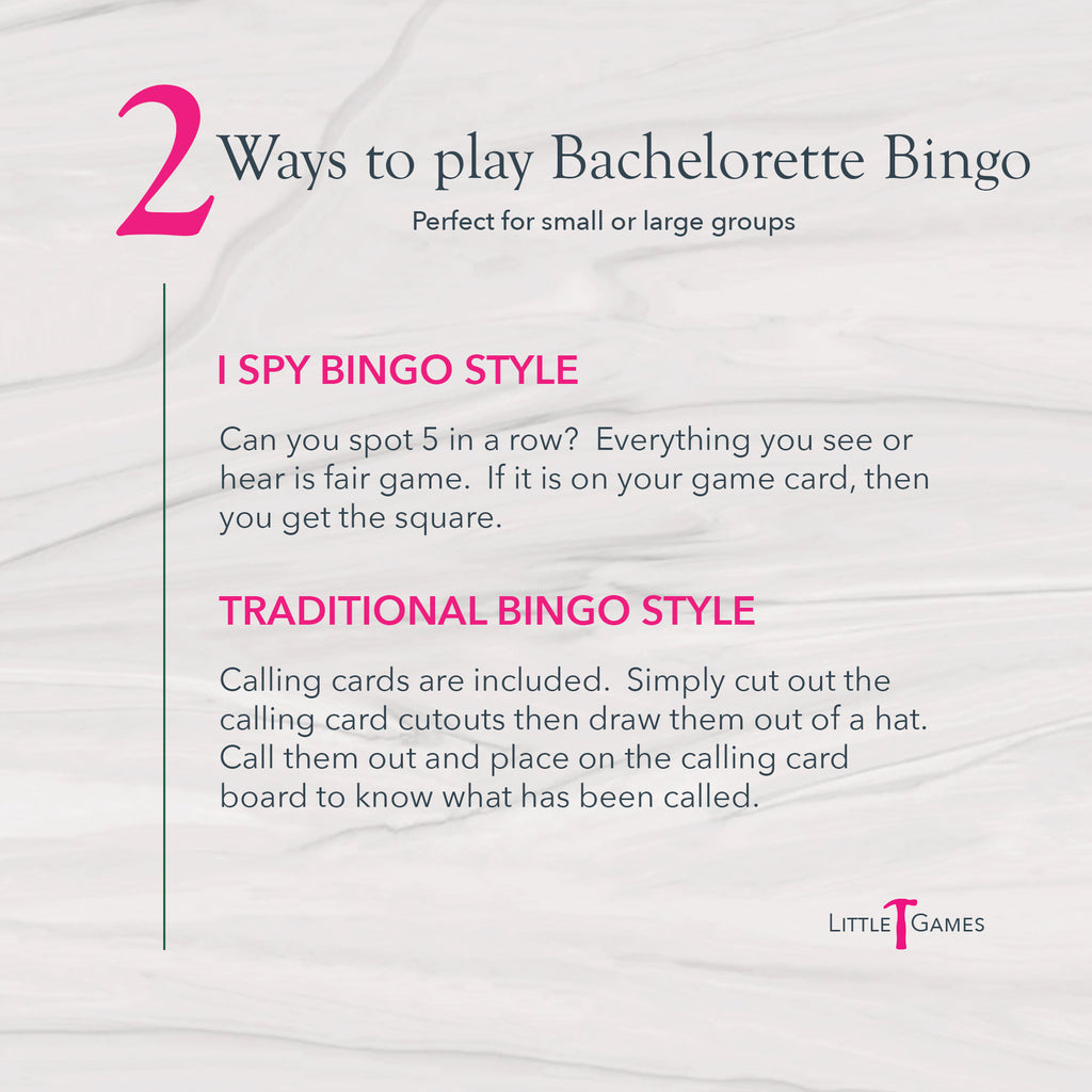 Pink and white text on a slate background explaining the 2 ways to play Bachelorette Bingo as either I Spy or Traditional style