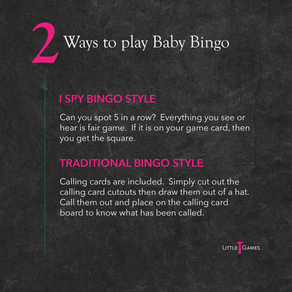 Pink and white text on a slate background explaining the 2 ways to play Baby Bingo as either I Spy or Traditional style