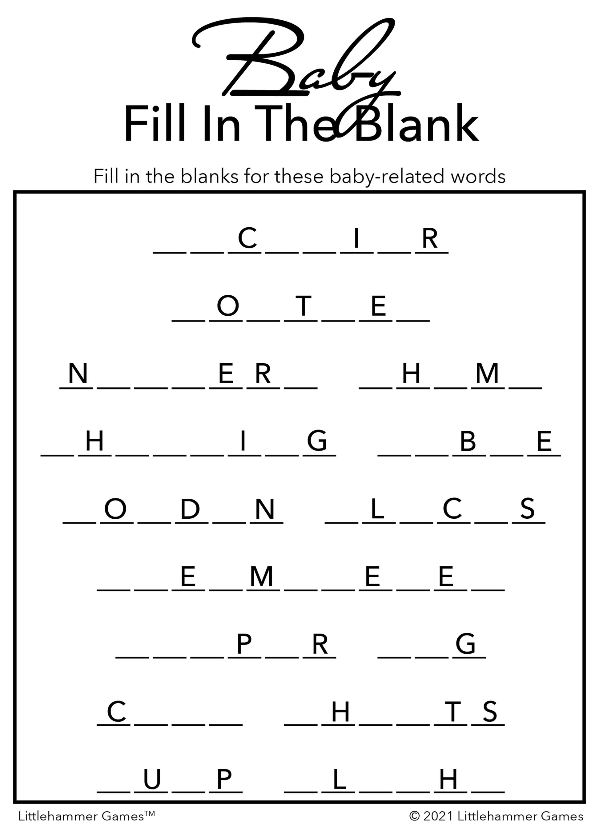 Baby Fill in the Blank game card with black text on a white background