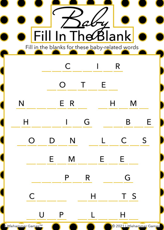 Baby Fill in the Blank game card with a black and gold polka dot background