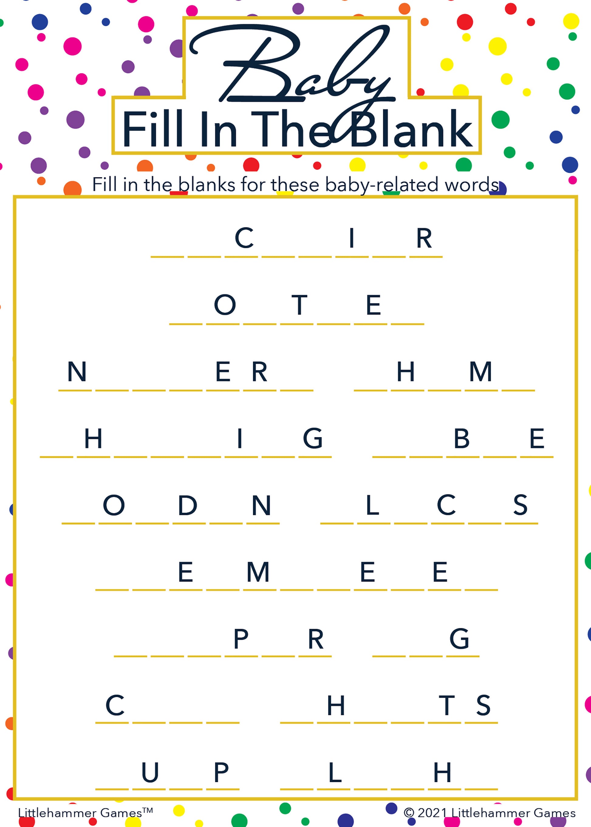 Baby Fill in the Blank game card with a rainbow polka dot background