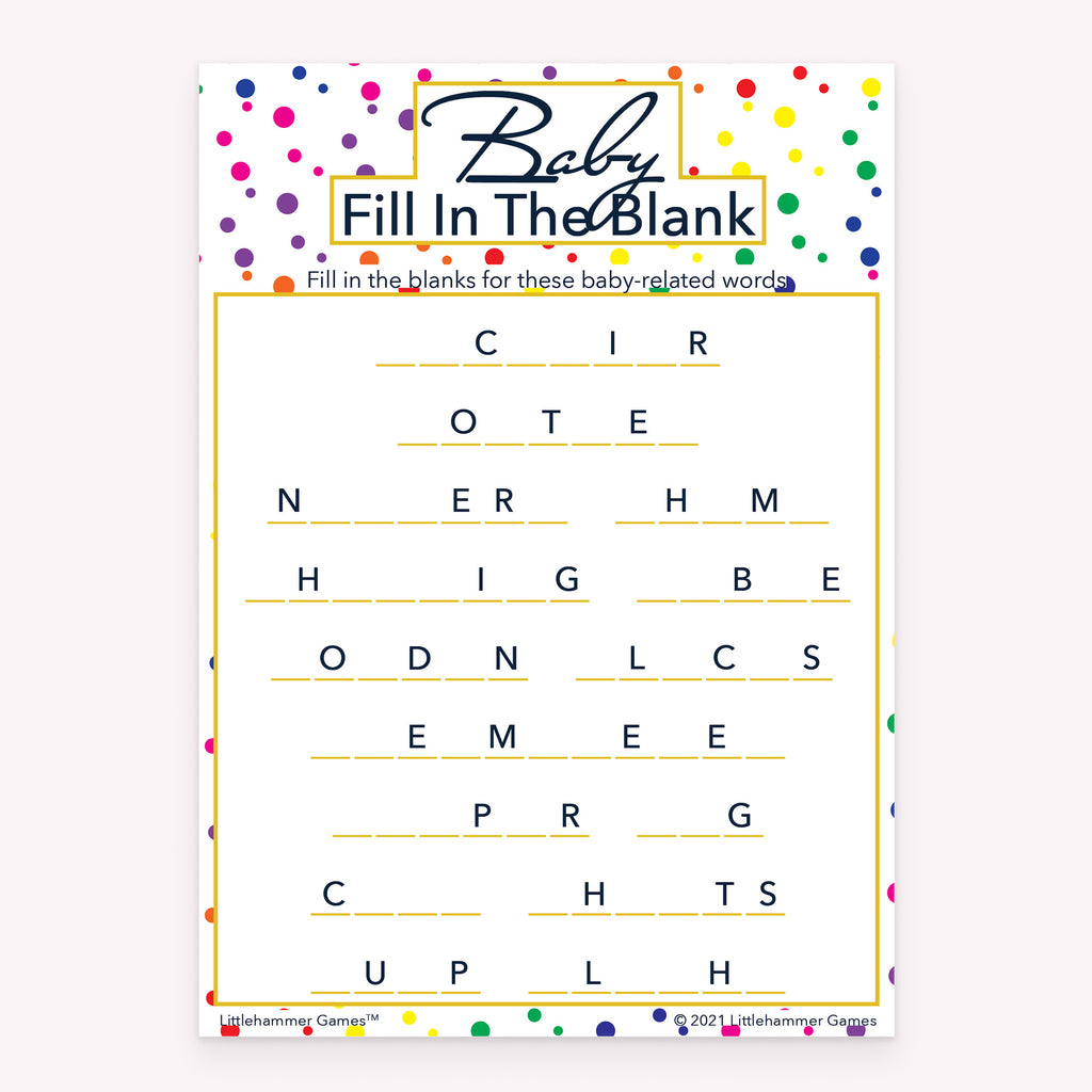 Baby Fill in the Blank game card with a rainbow polka dot background