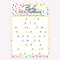Baby Fill in the Blank game card with a rainbow polka dot background
