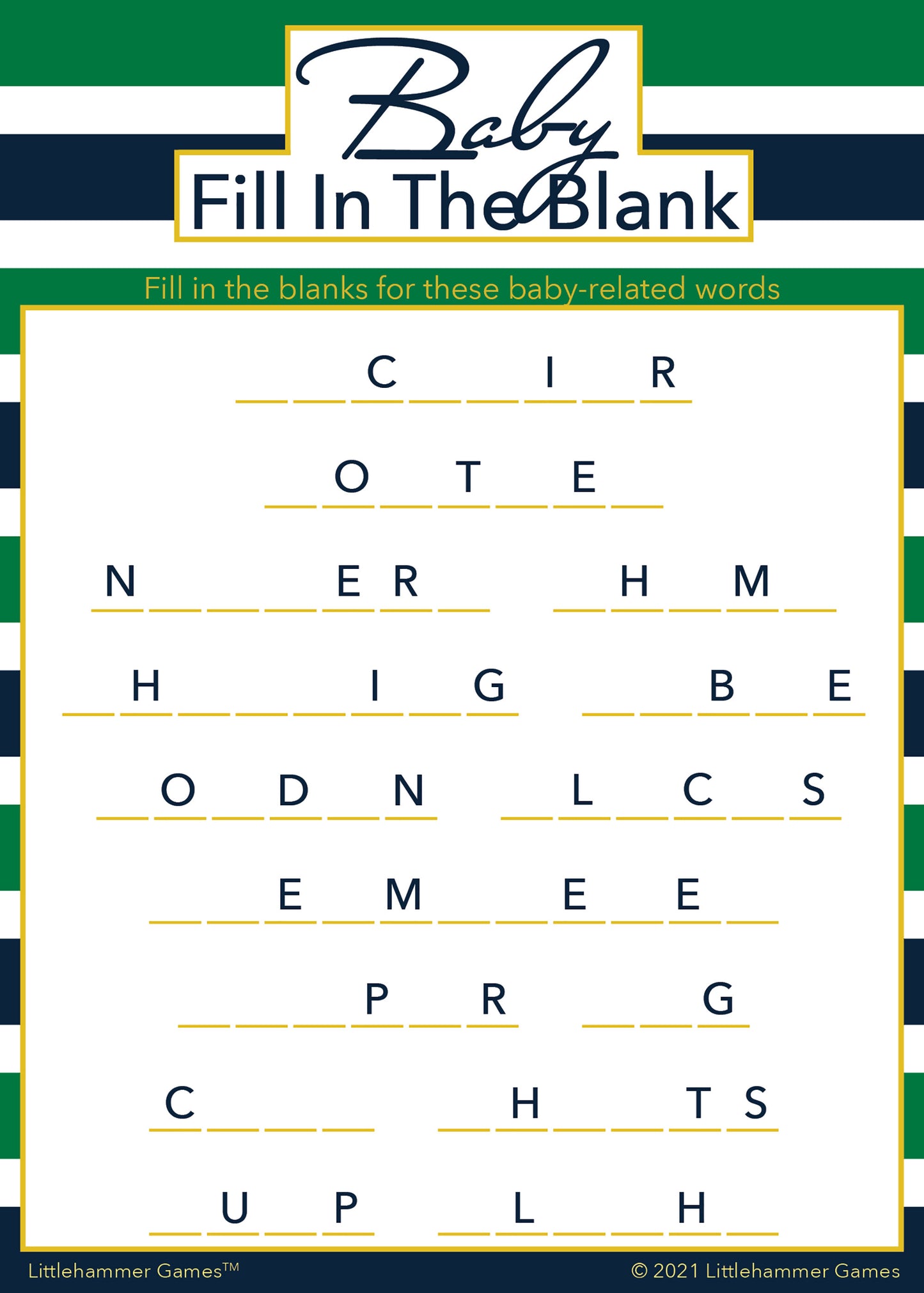 Baby Fill in the Blank game card with a green and navy-striped background