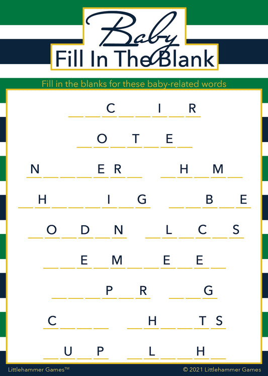 Baby Fill in the Blank game card with a green and navy-striped background