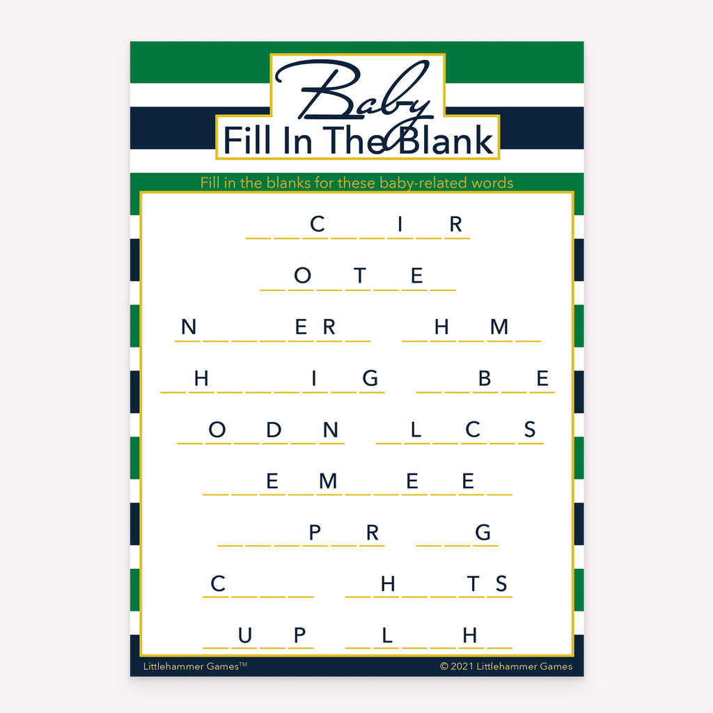 Baby Fill in the Blank baby shower printable activity card in green and navy stripes